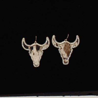 Ladies Silver Strike Calf Hair Rhinestone Steer Head Earrings D460013305