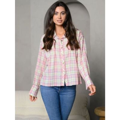 Pink and Yellow Multi Plaid Womens Long Sleeve Button Down Top DD-10-C-IT84786