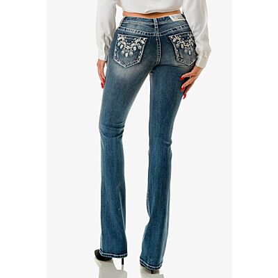 Grace in LA Midwash Easy Fit Bootcut 32 inch Inseam Women's Jeans with Aztec/Feather Pockets EB51867-32