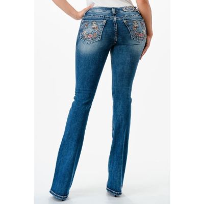 Grace in LA Medium Wash Floral Horseshoe Pocket 32 inch Inseam Women's Bootcut Mid-Rise Jeans EB61789-32