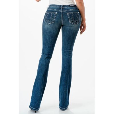 Grace in LA Dark Wash Horseshoe Pocket 32 inch Inseam Women's Bootcut Jeans EB61808-32