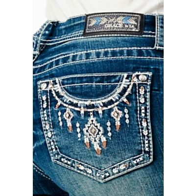 Grace in LA Dark Wash Easy Fit Bootcut Aztec Necklace Pocket 32 Inch Inseam Women's Jeans EBS647-32
