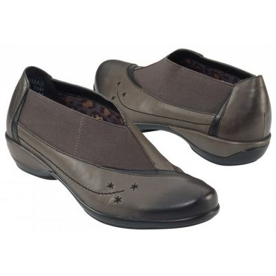 EVA Grey Leather Slip-On Stretch Panel Comfort Aetrex Womens Shoes