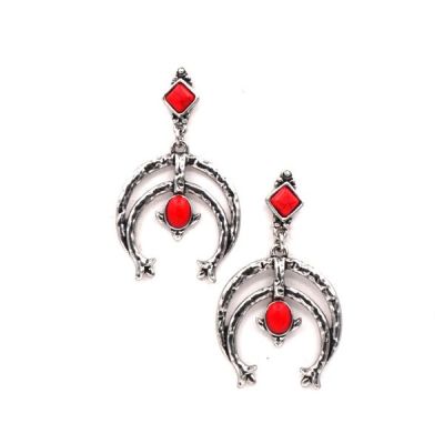 Western Elite Silver Plated Squash Blossom 2 inch Dangling Earrings with Red Turquoise Stones ER180420-02