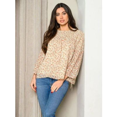 Taupe Floral Women's 3/4 Sleeve Smock Tunic Top F-2-A-ET1257