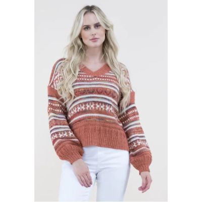 Original USA V-neck Rust Tribal Print Knitted Womens Sweater FP64043