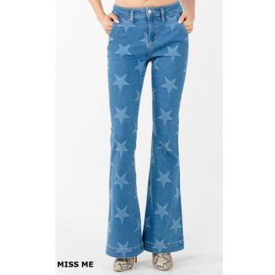 Miss Me Blue with Star Print 34 inch High Rise Flare Womens Jeans H3874F