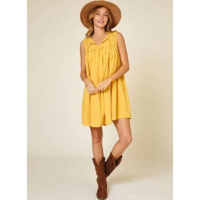 Mustard Sleeveless Lace Up Women's Tunic Front Mini Dress I-10-A-DI5529SB