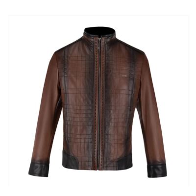 Cuadra Brown Mandarin Collar Men's Sheepskin Leather Jacket JC160