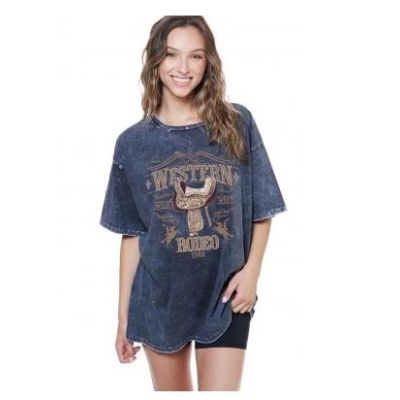 Zutter Black Stone Washed Western Rodeo Oversized Distressed Tee K6280