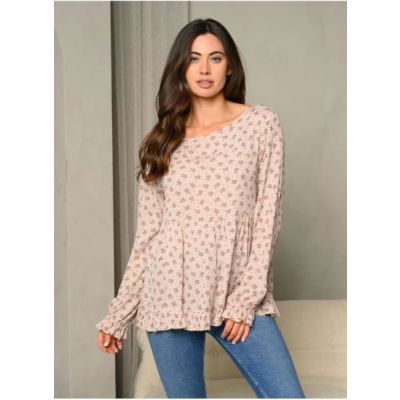 Taupe Ditsy Floral Print Longsleeve Babydoll Top L-8-B-WT2488-1