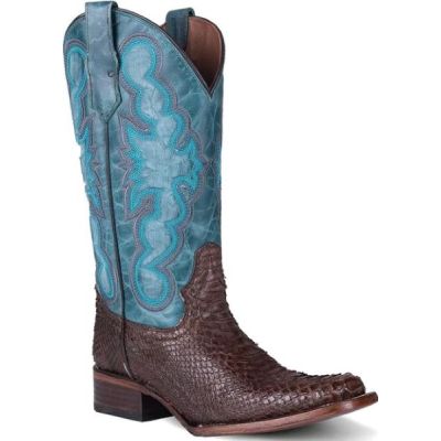 Circle G Chocolate/Blue Women's Python Embroidery Square Toe Boots L6047