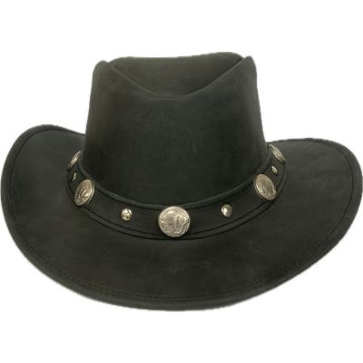 London Milan by Lebo's Black Leather Hat with Buffalo Nickel Accents LM-BL5014
