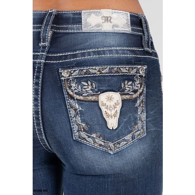 Miss Me Dark Wash Steer Head Leather and Embroidery Pocket Women's 34 inch inseam Jeans M9241B