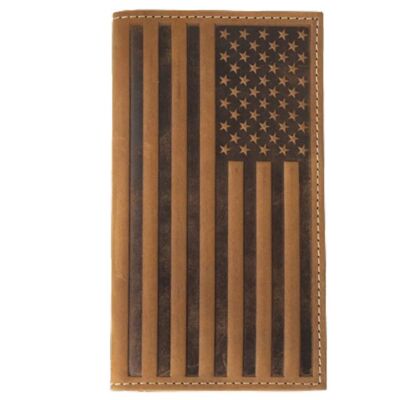 Nocona Brown Genuine Aged Bark Leather Men's Rodeo Style Wallet with Embossed Flag Design N500044102