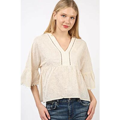 Very J Natural V-Neck Oversized Embroidery Woven Blouse Top NT11473