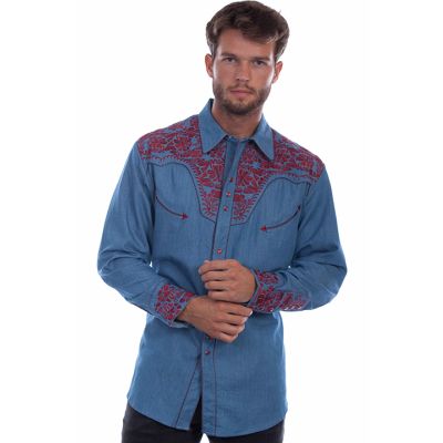 Scully Blue Cranberry Men's Long Sleeve Snap Front Tooled Embroidered Shirt  P-634