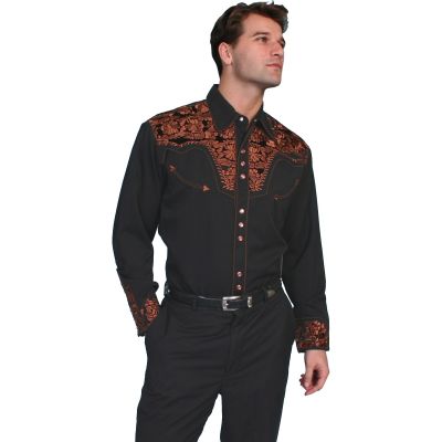 Scully Black Men's Long Sleeve Snap Front Tooled Embroidered Shirt  P-634