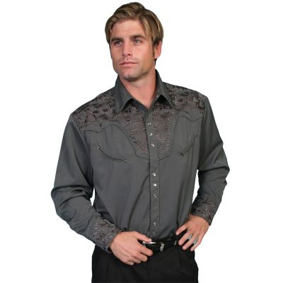 Scully Charcoal Men's Long Sleeve Snap Front Tooled Embroidered Shirt  P-634