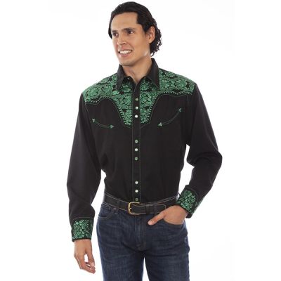 Scully Emerald Men's Long Sleeve Snap Frontl Tooled Embroidered Shirt  P-634
