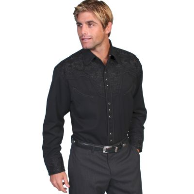 Scully Jet Black Men's Long Sleeve Snap Front Tooled Embroidered Shirt  P-634