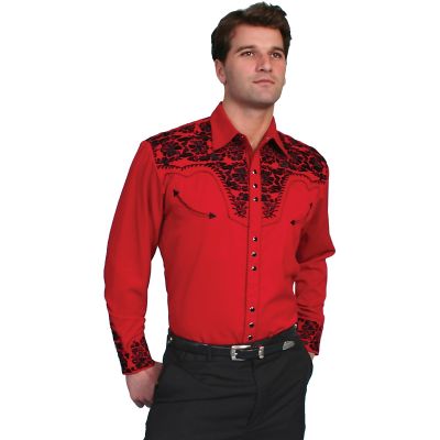 Scully Red Men's Long Sleeve Snap Front Tooled Embroidered Shirt  P-634