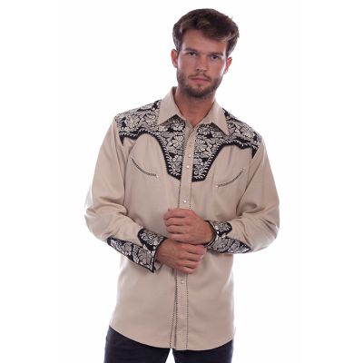 Scully Tan Men's Long Sleeve Snap Front Tooled Embroidered Shirt  P-634