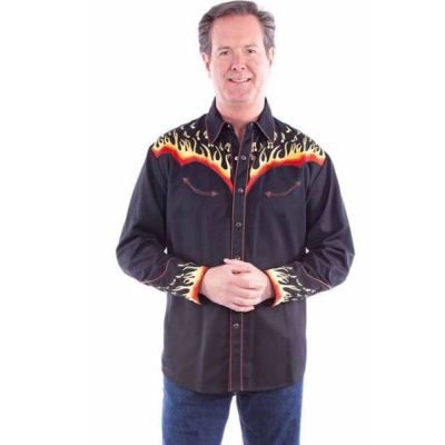 Scully Black Flames to Notes Embroidered Men's Long Sleeve Shirt P-826