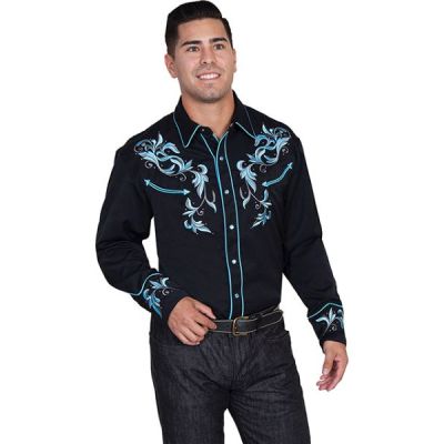Scully Black Embroidered Men's Long Sleeve Snap Front Shirt P-844