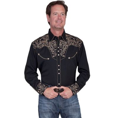 Scully Black with Tan Accents Mens Embroidered Scroll Shirt P-852
