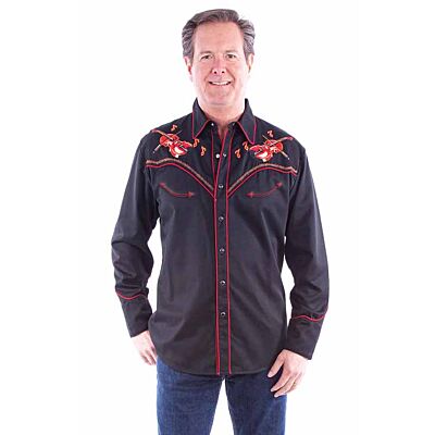 Scully Black Dueling Fiddles Embroidered Men's Long Sleeve Shirt P-917
