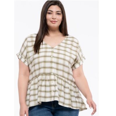 Blu Pepper Olive Grid Button Up Short Sleeve Top In Curvy Sizes PB1ST1199