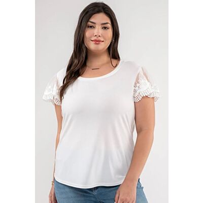 Blu Pepper White Lace Sleeve Knit Top In Curvy Sizes PCR2197
