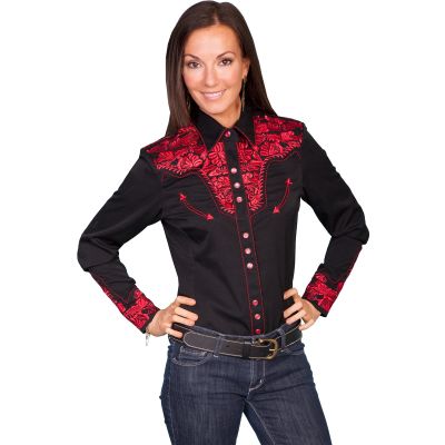 Scully Crimson Red Floral Embroidered Womens Long Sleeve Snap Blouse Shirt PL-654