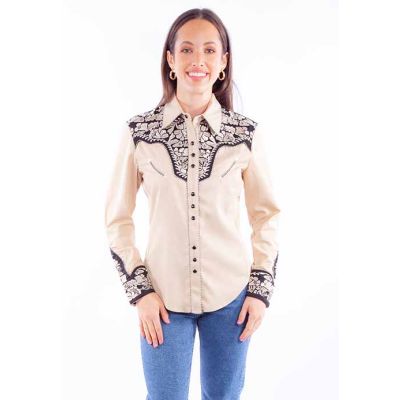 Scully Tan Floral Embroidered Womens Long Sleeve Snap Blouse Shirt PL-654