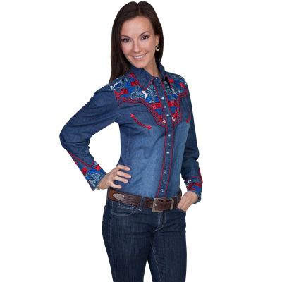 Scully Multi colored embroidered yoke and sleeve western shirt   PL654C DEN   ****Online Only