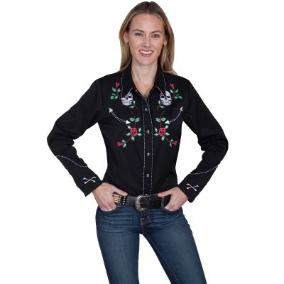 Scully Skulls and Roses embroidered snap frot western shirt  PL771 BLK   ****Online Only