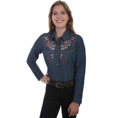 Scully Embroidered roses and longhorn skull snap front western shirt  PL872 DEN   ***Online Only