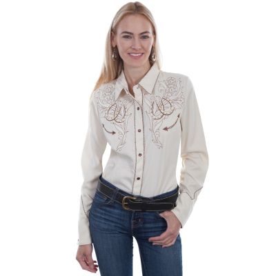 Scully Embroidered Roses and horseshoes snap front western shirt  PL873 CRM  ***Online Only