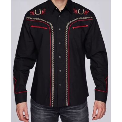 Rodeo Clothing Black with Horseshoe Embroidery Longsleeve Men's Snap Shirt PS500L-516
