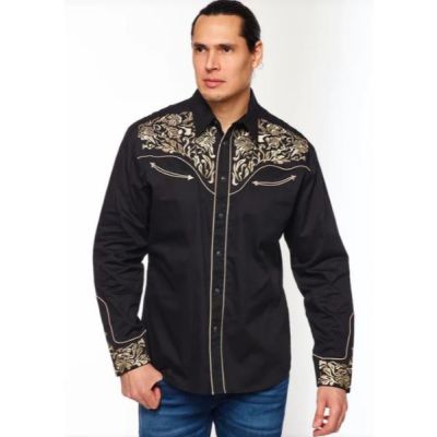 Rodeo Clothing Black/Tan Longsleeve Men's Snap Shirt with Embroidery PS500L-544