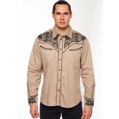 Rodeo Clothing Tan Embroidered Men's Western Snap Shirt PS500L-547