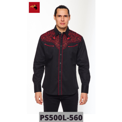 Rodeo Clothing Black with Red Embroidery and Bronco Mens Longsleeve Snap Western Shirt PS500L-560