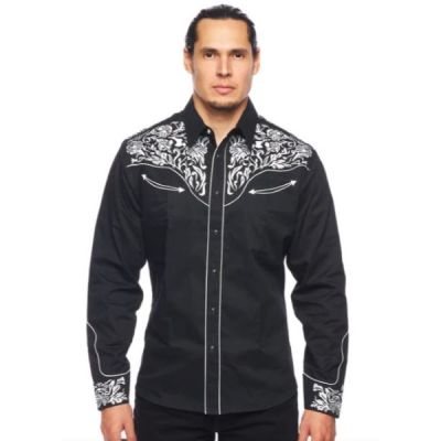 Rodeo Clothing Black/Silver Longsleeve Men's Snap Shirt with Floral Embroidery PS500L-562