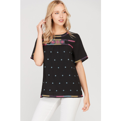 Polagram Black Colorful Ethnic Embroider Womens Top PST6340