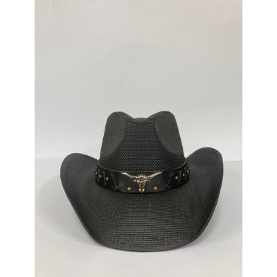 Hatra by Hat Vision Black Hat with Longhorn on Hatband and Detachable Strap R45X