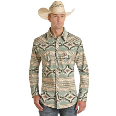 Rock and Roll Cowboy Mint Aztec Men's Modern Fit Snap Shirt RRMSOSR0Q4