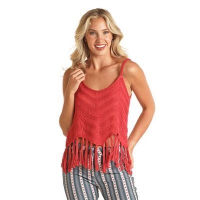Rock and Roll Denim Red Crochet Women's Tank Top with Fringe RRWT20R18Y