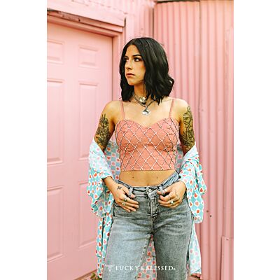 Lucky & Blessed Pink Denim Rhinestone Studded Spaghetti Strap Crop Top TO603