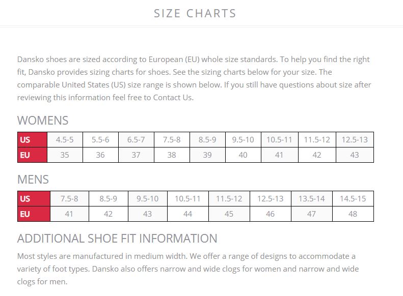 Dansko Shoe Conversion Chart